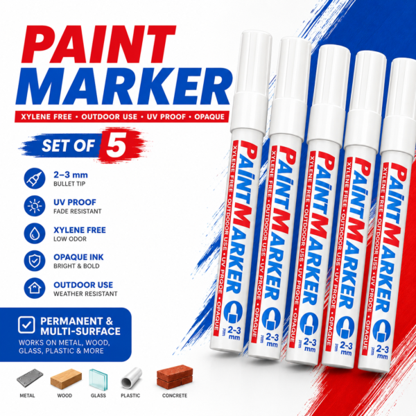 Permanent White Paint Marker Pen | Multi-Surface Waterproof Marker | Set Of 5