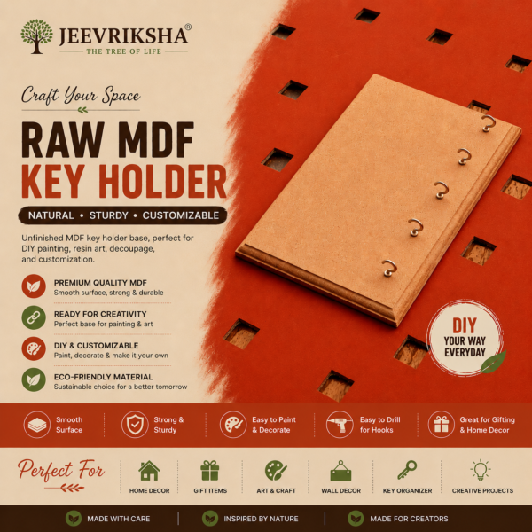 JEEVRIKSHA MDF Raw Key Holder Board with Hooks | 12"/6" Wooden Key Hanger for Painting, Resin Art & Home Decor