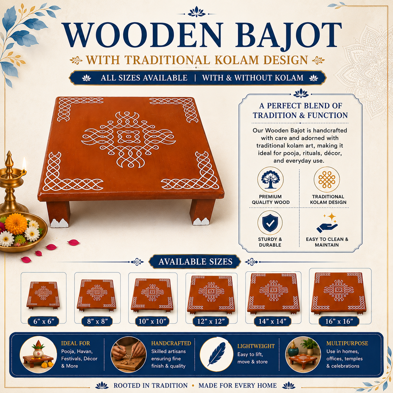 ChatGPT Image Jun 23, 2026, 12_15_08 AM JEEVRIKSHA 12"x12" Wooden Bajot with Traditional Kolam Design | Pooja Chowki for Home Temple | All Sizes Available - Image 1